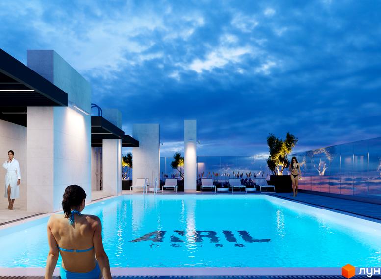 Житловий комплекс ANRIL house з басейном на даху та відпочинковою зоною. Сучасна архітектура та комфорт для мешканців.
