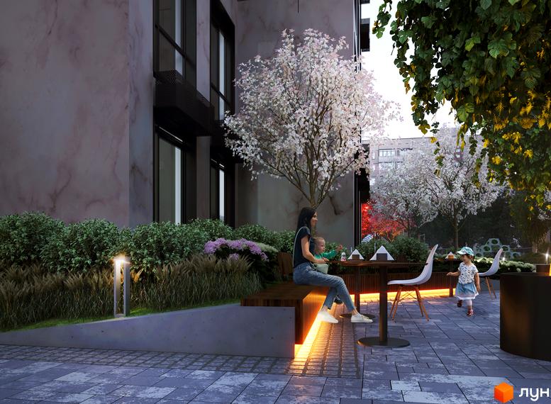 Житловий комплекс ANRIL house з фасадом з мармуровими елементами та затишною прибудинковою територією з деревами та місцями для відпочинку.