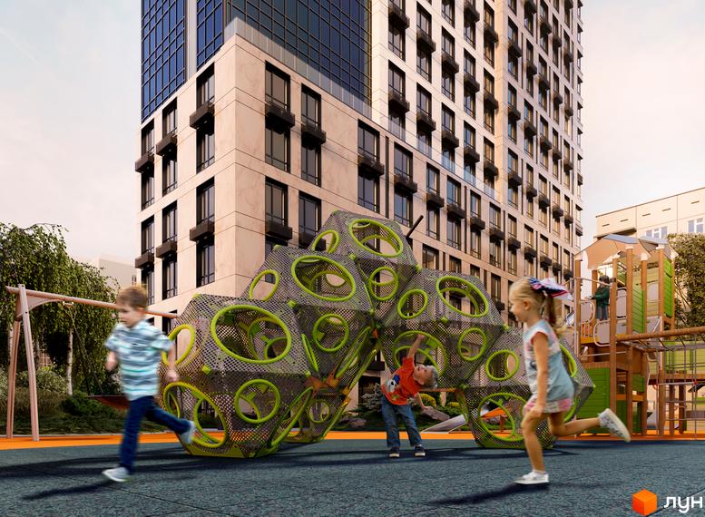 Житловий комплекс ANRIL house з сучасною архітектурою та дитячим майданчиком з ігровими елементами.