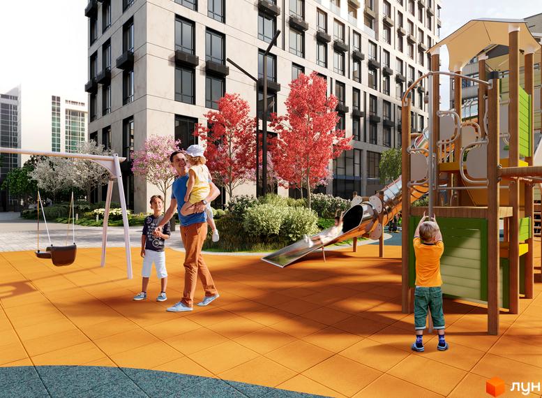 Житловий комплекс ANRIL house з дитячим майданчиком та гіркою. Батько з дітьми на фоні багатоповерхового будинку.
