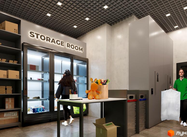 Інтер'єр приміщення ЖК ANRIL house: кімната зберігання з холодильниками, столом та покупцями. Поруч розташовані контейнери для сортування сміття.