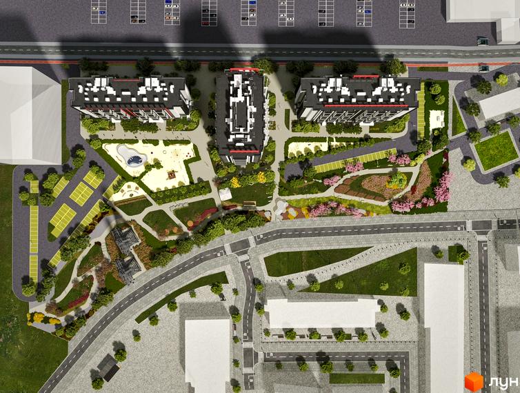 Житловий комплекс 7 KVARTAL з багатоповерховими будинками та облаштованою прибудинковою територією з дитячим майданчиком та зонами відпочинку.