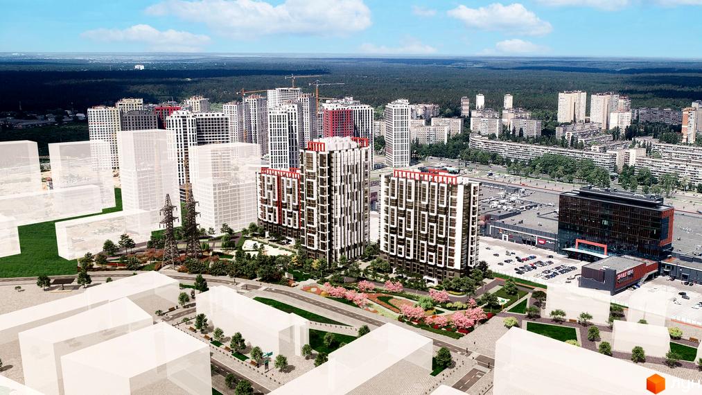 Зовнішній вигляд житлового комплексу 7 KVARTAL з висоти пташиного польоту, з багатоповерховими будинками та упорядкованою прибудинковою територією.