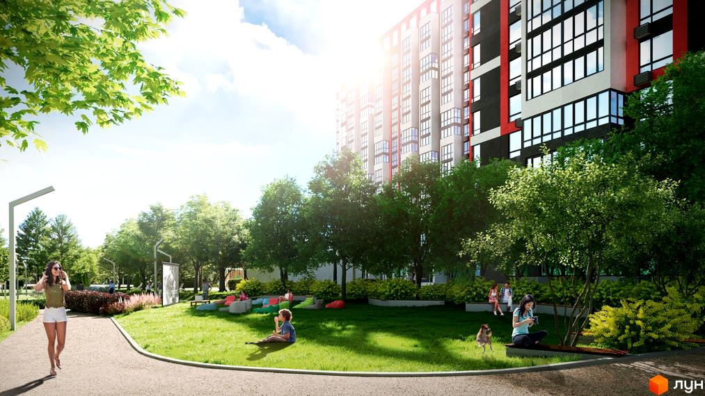 Житловий комплекс 7 KVARTAL: фасад будівлі з панорамними вікнами та прибудинкова територія з зонами відпочинку та зеленню.