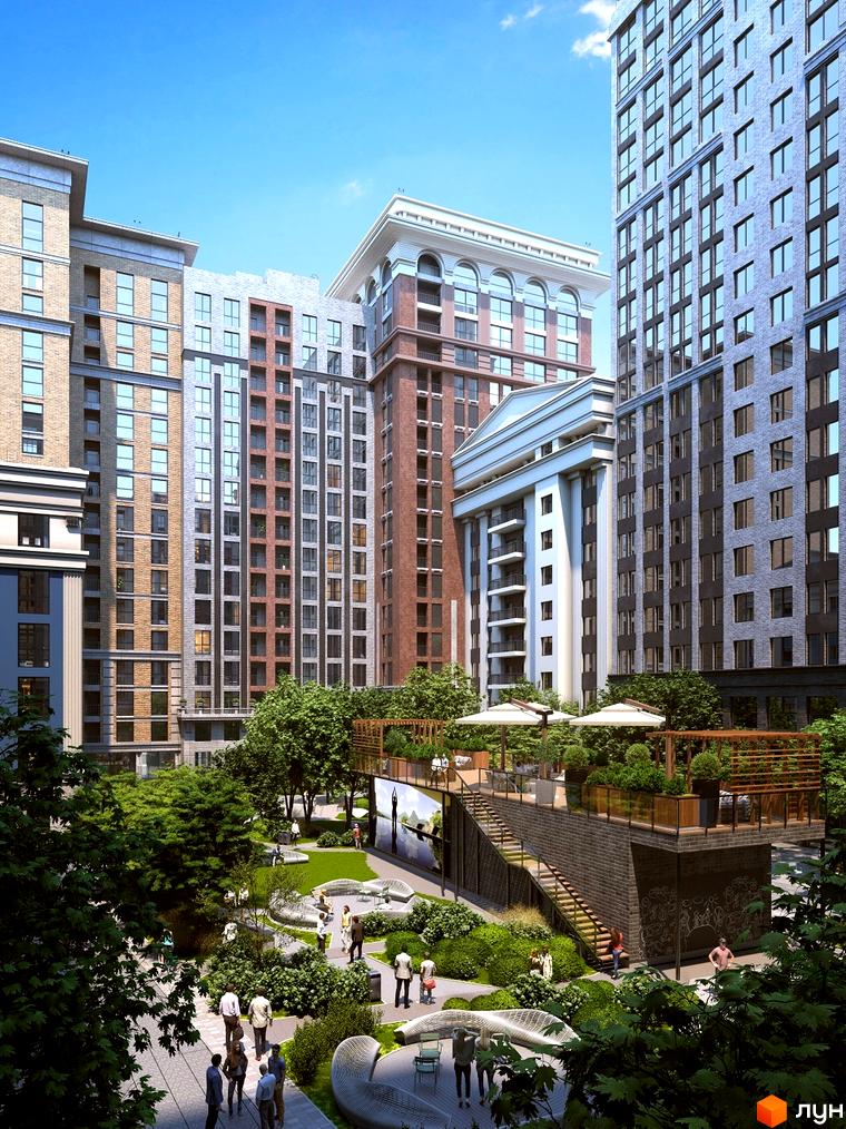 Зображення Житлового комплексу Stanford з висотними будинками та зеленим двором. Вигляд на будівлі з великою кількістю вікон та ландшафтний дизайн території.