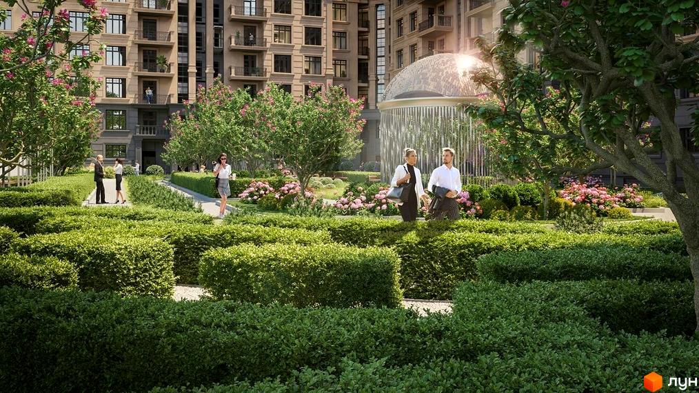 Клубний будинок LA MANCHE з доглянутою прибудинковою територією, лабіринтом з кущів та зоною відпочинку з фонтаном. Фото новобудови.