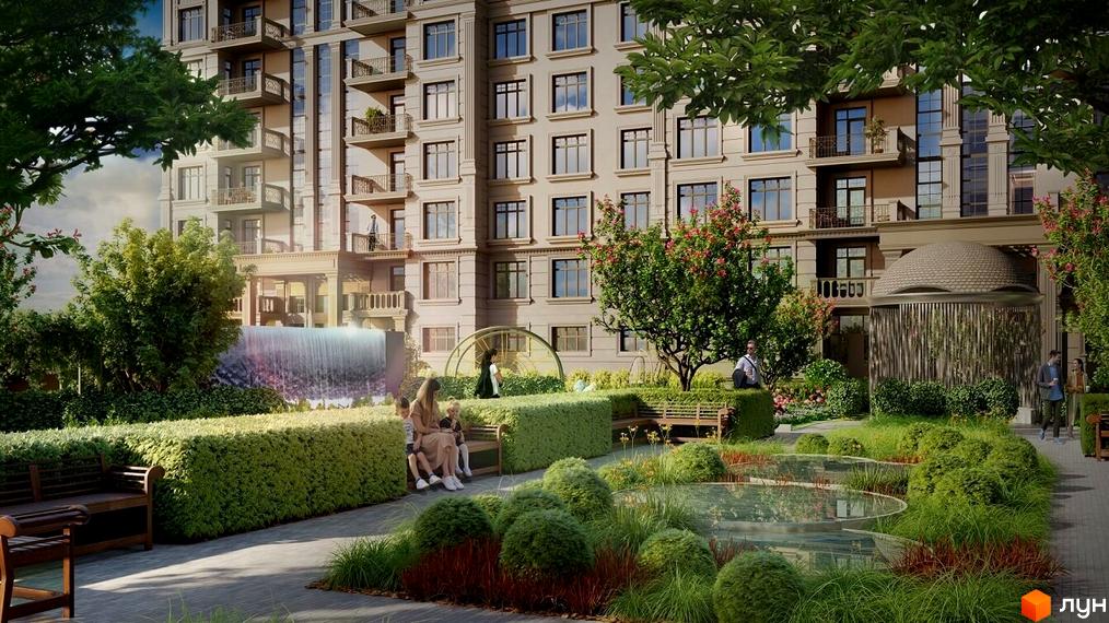 Клубний будинок LA MANCHE з фасадом у світлих тонах та балконами. Прибудинкова територія з водоспадом, зеленими зонами та місцями для відпочинку.