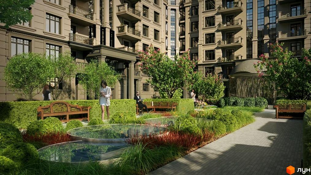 Клубний будинок LA MANCHE з елегантним фасадом та доглянутою прибудинковою територією з ландшафтним дизайном, фонтанами та зонами відпочинку.