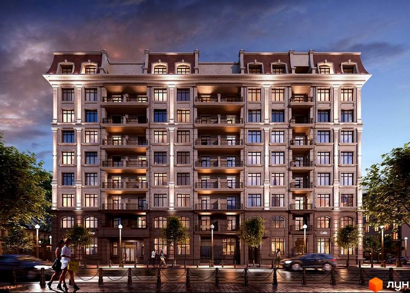 Клубний будинок LA MANCHE - елегантна фасадна архітектура з балконами та мансардними вікнами, освітлена ввечері. Прибудинкова територія з деревами та тротуаром.