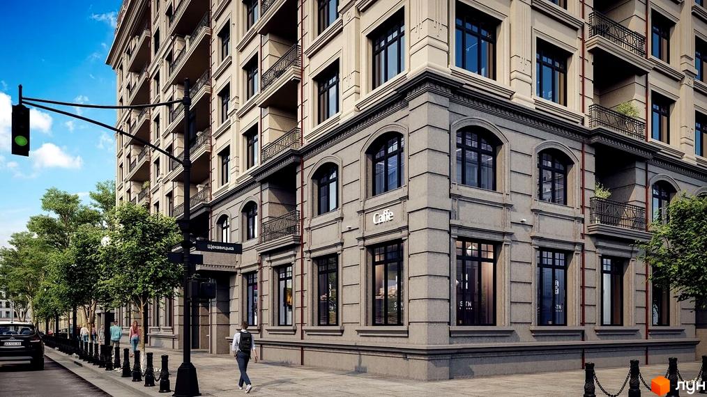 Клубний будинок LA MANCHE - це сучасна новобудова з елегантною архітектурою та просторими балконами. Перед будинком розташована доглянута прибудинкова територія з деревами та пішохідною зоною.