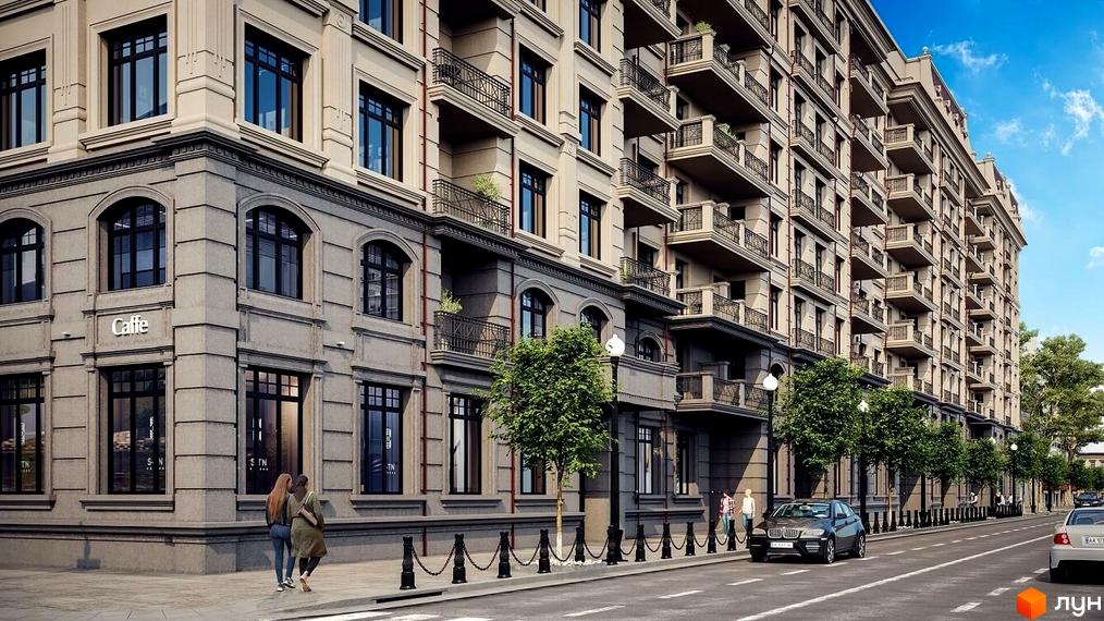 Клубний будинок LA MANCHE з елегантною архітектурою та балконами. Вулиця перед будинком з деревами та автомобілями.