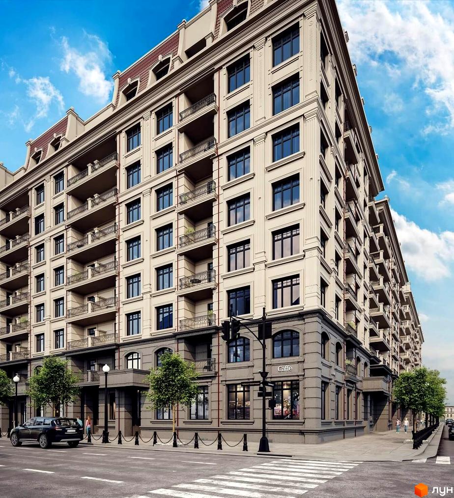 Клубний будинок LA MANCHE – це елегантна новобудова з вишуканим фасадом та балконами. Біля будинку розташована доглянута прибудинкова територія з деревами та тротуаром.