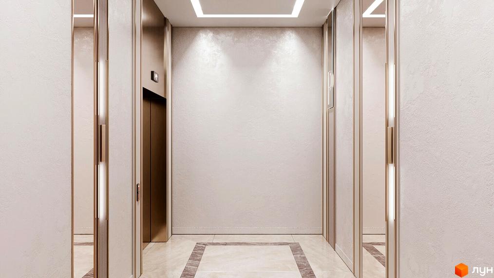 Клубний будинок LA MANCHE, елегантний хол з дзеркальними панелями та ліфтом. Сучасний дизайн інтер'єру.