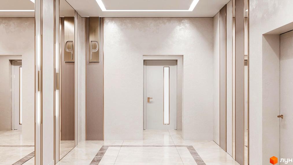 Інтер'єр лобі клубного будинку LA MANCHE з дверима та декоративними елементами. Сучасний дизайн холу з мармуровою підлогою та підсвіткою.