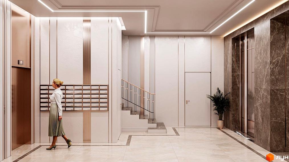 Дизайн інтер'єру холу клубного будинку LA MANCHE з ліфтом, поштовими скриньками та сходами. Елегантний простір з мармуровими акцентами та прихованим освітленням.