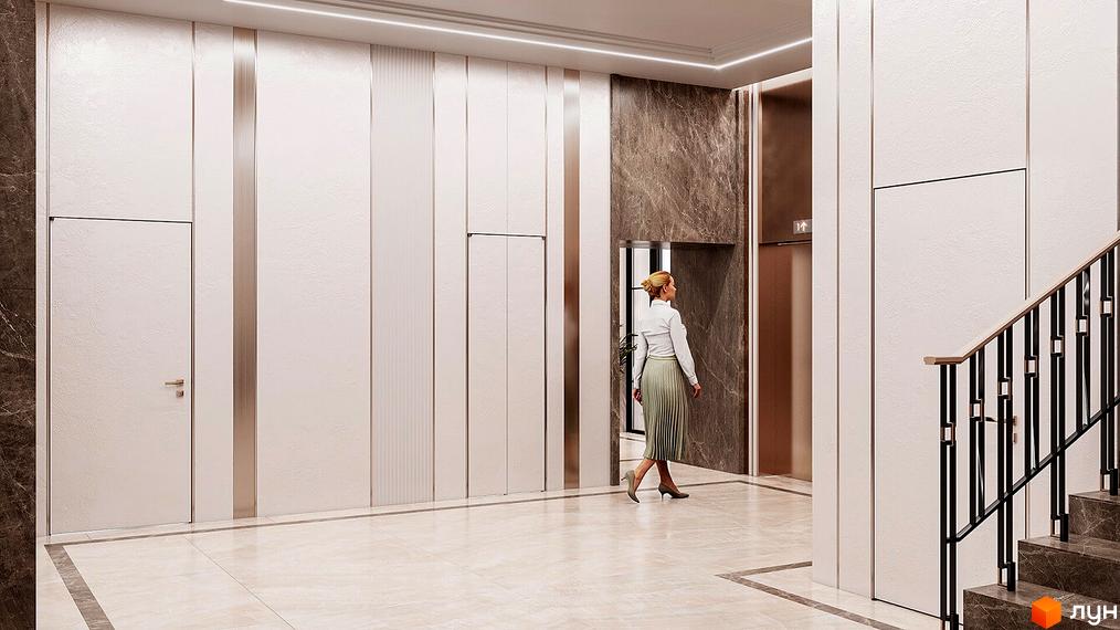 Інтер'єр холу клубного будинку LA MANCHE з дверима, ліфтом та сходами. Елегантний дизайн з мармуровими елементами та підсвіткою.