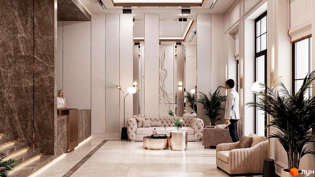 Клубний будинок LA MANCHE. Розкішний хол з мармуровим оздобленням, диваном та рослинами. Ідеальне місце для зустрічей та відпочинку в новобудові.