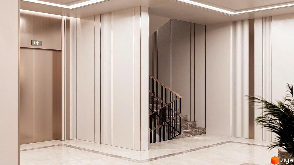 Клубний будинок LA MANCHE: елегантний хол з ліфтом та сходами. Сучасний дизайн інтер'єру з оздобленням стін та підлоги.