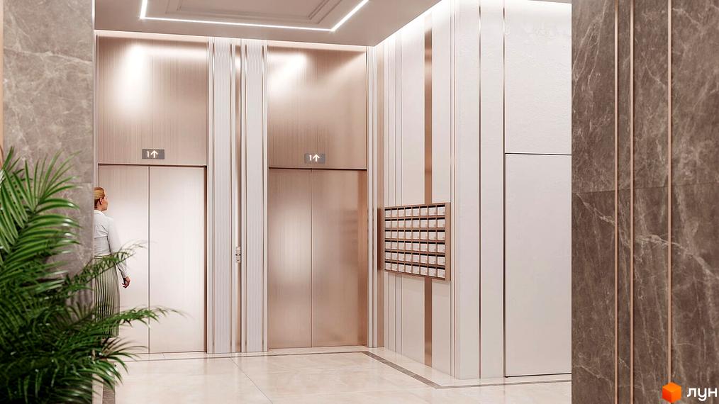 Інтер'єр холу клубного будинку LA MANCHE з ліфтами та поштовими скриньками. Елегантний дизайн з мармуровими акцентами та металевими елементами.