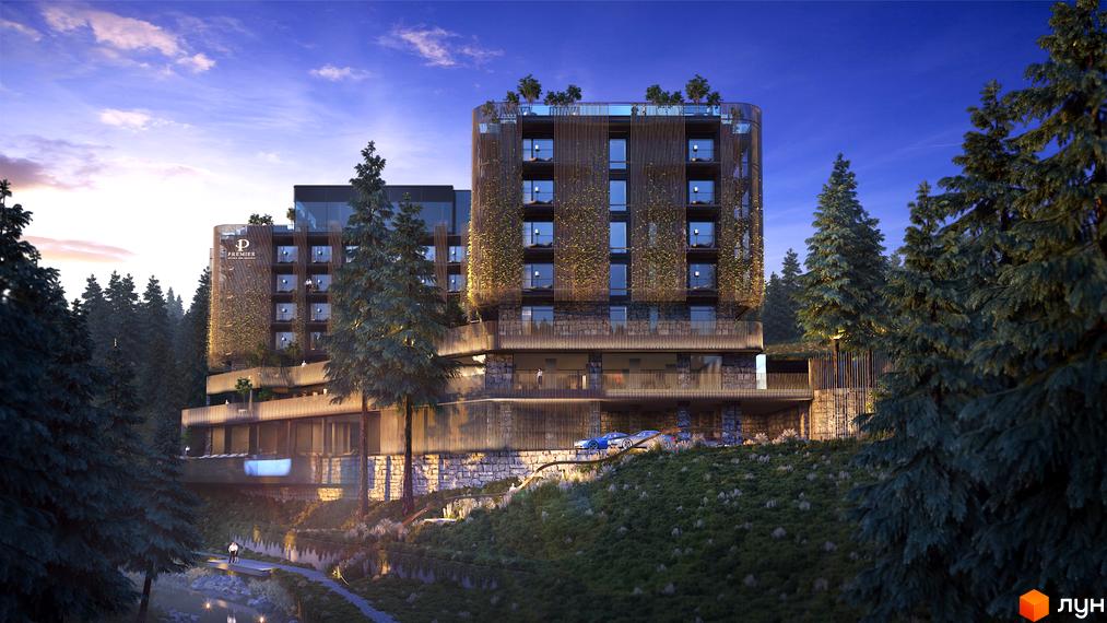 Зображення будівлі апарт-комплексу LEV RESORT HOTEL, з великими вікнами та терасами, розташованого серед лісу.