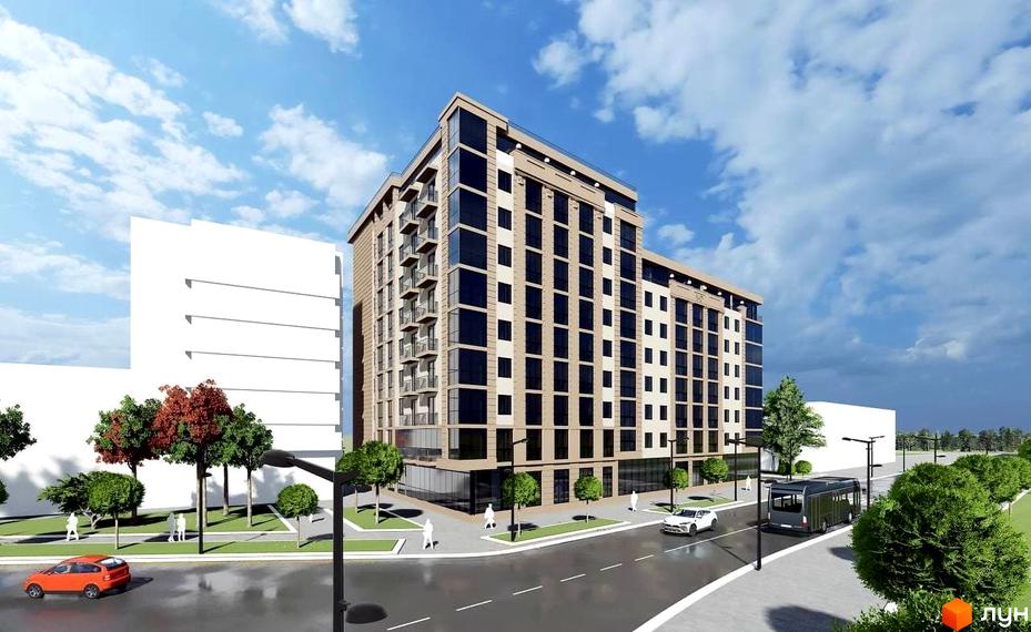 Житловий комплекс Central House - це багатоповерхова будівля з темними вікнами та балконами, розташована біля дороги з деревами та пішохідними доріжками.