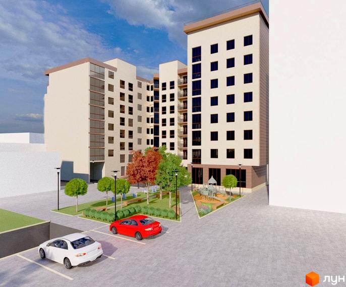 Зовнішній вигляд житлового комплексу Central House з парковкою та дитячим майданчиком. Багатоповерхові будинки світлого кольору з темними вікнами.