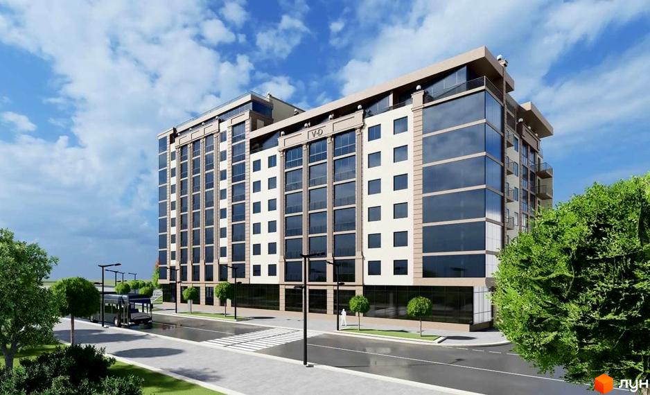 Зовнішній вигляд новобудови ЖК Central House з великими вікнами та балконами. Навколо комплексу зелені насадження та міська вулиця з автобусом.