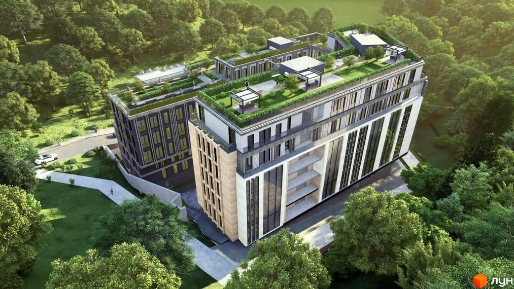 COMPASS CENTER - новобудова з зеленими терасами та панорамними вікнами, розташована серед дерев. На території комплексу є доріжки та зони відпочинку.