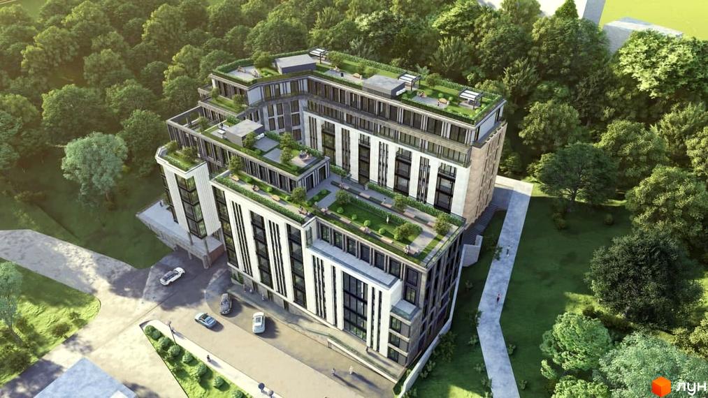 Зовнішній вигляд житлового комплексу COMPASS CENTER з терасами та зеленими зонами на дахах. Навколо комплексу розташовані дерева та доглянута прибудинкова територія.