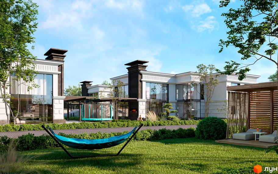 Елегантний будинок з великими вікнами та терасою. На передньому плані газон з гамаком, а на задньому - зелені насадження та дитячий майданчик.