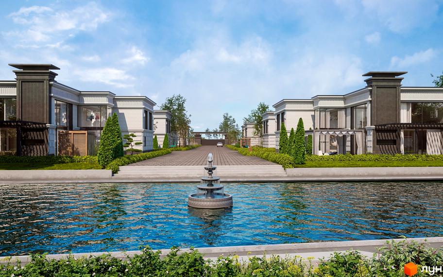 Котеджне містечко Перший Андріївський з елегантною архітектурою та доглянутою прибудинковою територією з басейном та фонтаном.