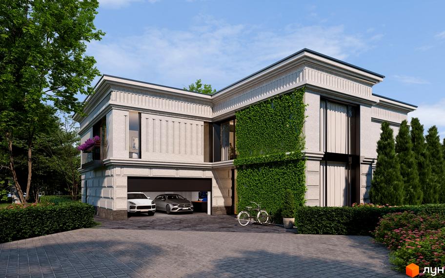 Котеджне містечко Перший Андріївський: фасад будинку з зеленню та автомобілями біля гаража. Прибудинкова територія з доріжкою та деревами.