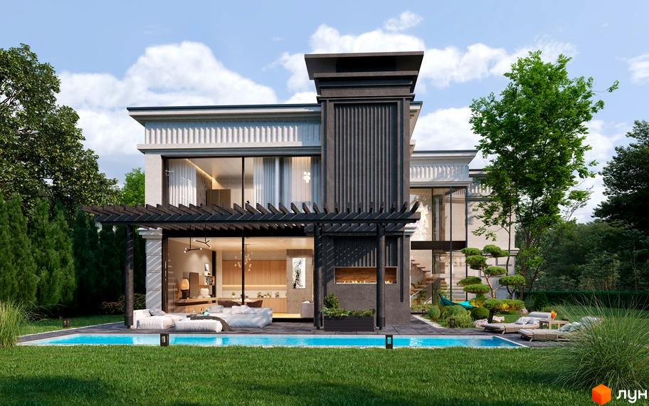 Котеджне містечко Перший Андріївський: двоповерховий будинок з великими вікнами та терасою, басейн та зелена галявина перед ним.