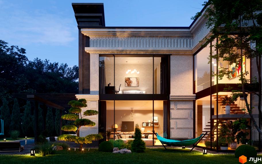 Двоповерховий будинок з панорамними вікнами та терасою. На прибудинковій території газон, дерева та підсвічування. КМ Перший Андріївський.