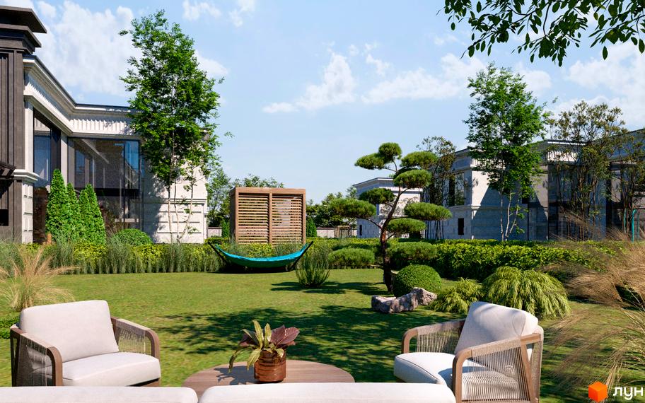 Зображення сторінки житлового комплексу КМ Перший Андріївський. Просторий будинок з великими вікнами та доглянутою прибудинковою територією з газоном, деревами та зоною відпочинку.