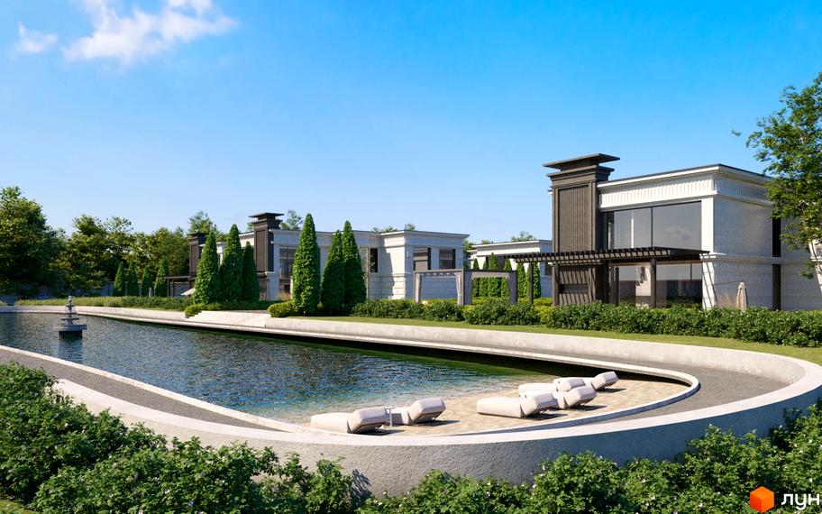 Котеджне містечко Перший Андріївський: фасади будинків з великими вікнами та прибудинкова територія з басейном та шезлонгами.