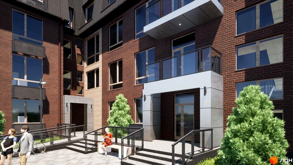 Зовнішній вигляд будинку ЖК Парковий Дім з цегляними стінами та великими вікнами. На прибудинковій території є лавки, зелені насадження та доріжки.