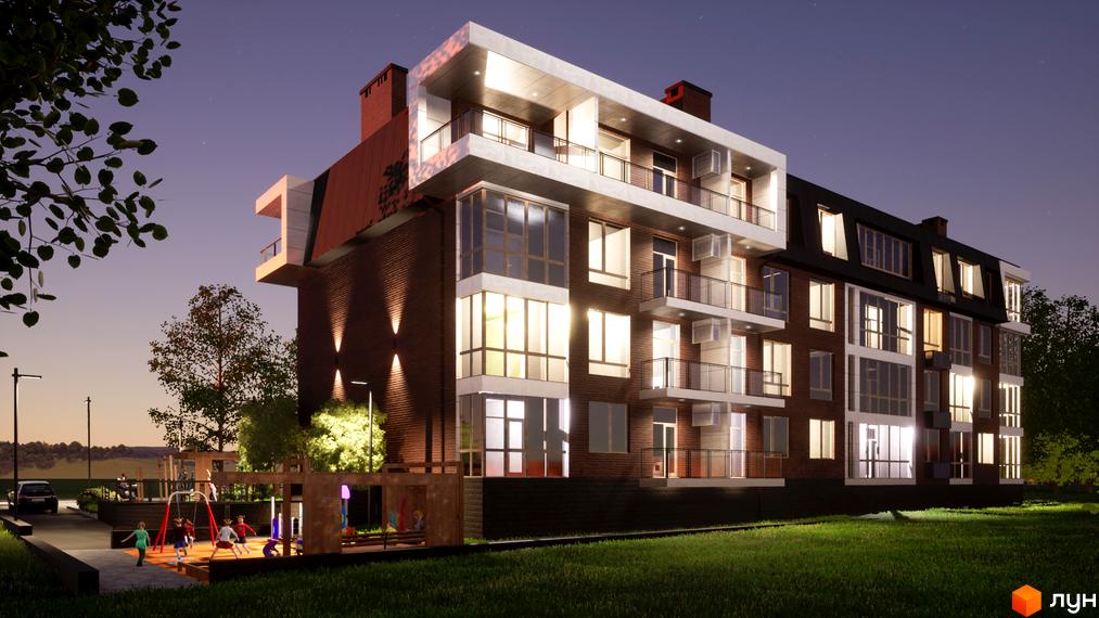 Зображення фасаду багатоповерхового будинку ЖК Парковий Дім з цегляною кладкою та балконами. На території дитячий майданчик та зелена зона.