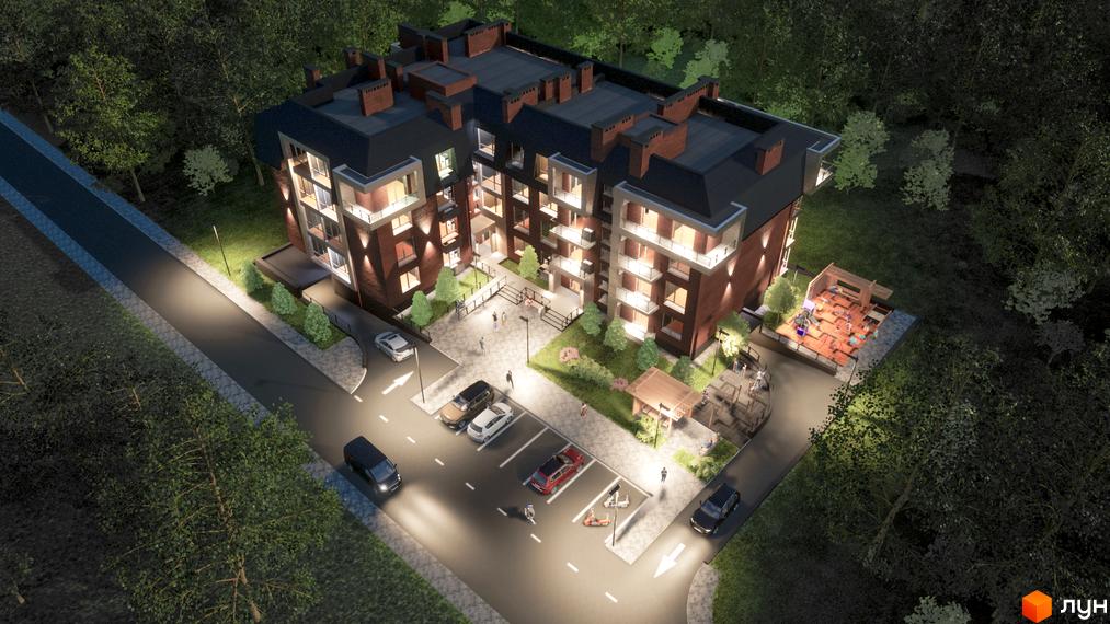 Зображення сторінки ЖК Парковий Дім. Багатоповерховий будинок з цегляними стінами, великими вікнами та темним дахом. На території є парковка, дитячий майданчик та зелені насадження.