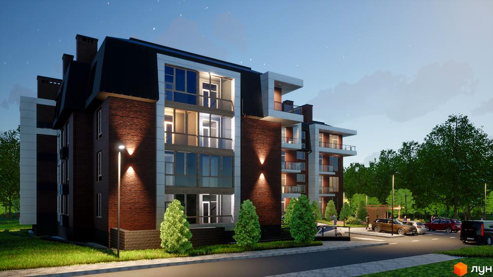 Житловий комплекс Парковий Дім з цегляною кладкою, великими вікнами та освітленням фасаду. На прибудинковій території є парковка та зелені насадження.