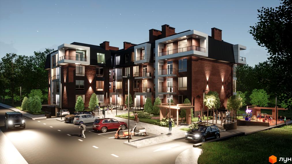 Житловий комплекс Парковий Дім з червоної цегли з підсвіткою, поруч парковка та дитячий майданчик.