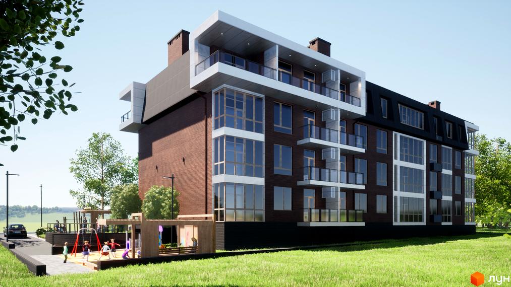 Житловий комплекс Парковий Дім з цегляним фасадом та панорамними вікнами. На території дитячий майданчик та зелена зона для відпочинку.