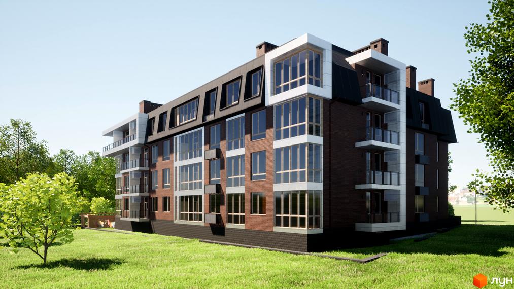 Зображення фасаду будинку ЖК Парковий Дім з цегляною кладкою, панорамним склінням та балконами. Навколо будинку зелена трава та дерева.
