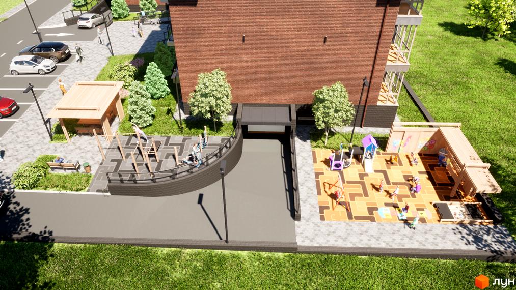 Житловий комплекс Парковий Дім з цегляною будівлею та дитячим майданчиком на прибудинковій території. Поряд парковка з автомобілями та зелені насадження.