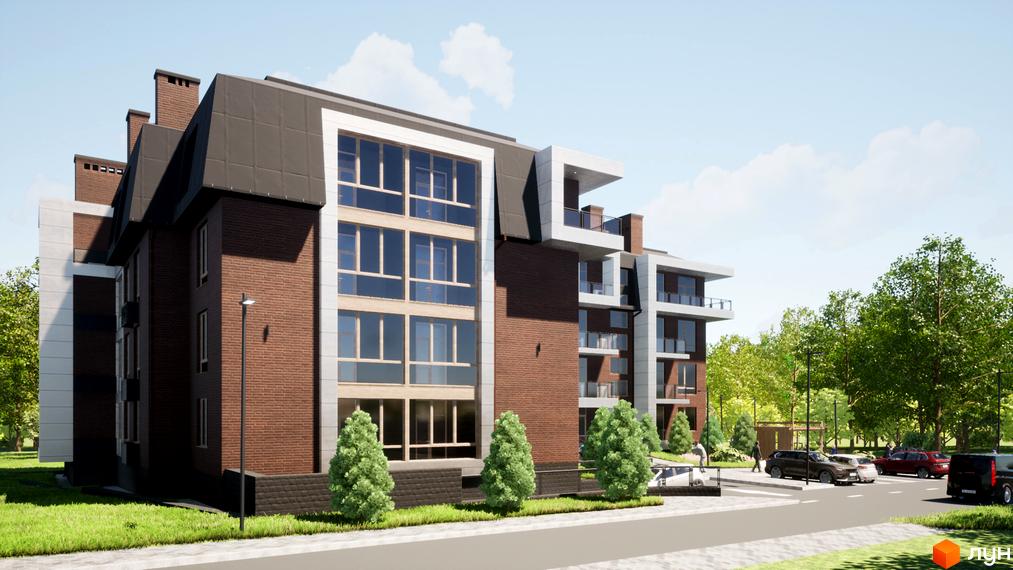 Житловий комплекс Парковий Дім з цегляним фасадом та великими вікнами. На прибудинковій території є парковка та зелені насадження.