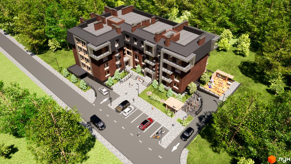 Зображення сторінки ЖК Парковий Дім: цегляний будинок з балконами, поруч парковка та дитячий майданчик, навколо зелені насадження.