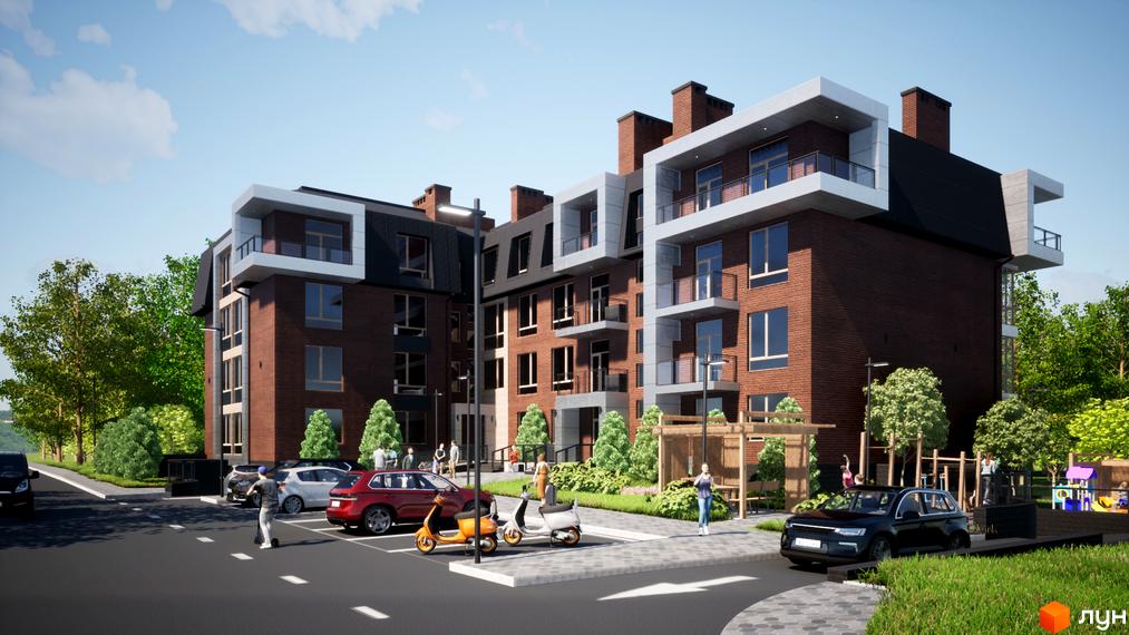 Житловий комплекс Парковий Дім з цегляними фасадами та балконами. На території є парковка, дитячий майданчик та зелені насадження.