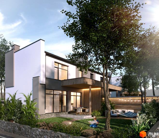 Двоповерховий будинок з білими стінами та великими вікнами. На прибудинковій території газон, дерева та зона відпочинку.