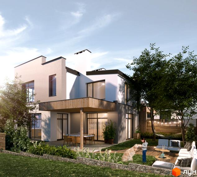 Зображення будинку в Котеджному містечку Art Village. На фото видно фасад будинку з великими вікнами та терасою, а також доглянутий газон та зона відпочинку.