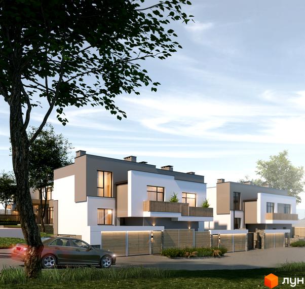 Зображення сторінки житлового комплексу КМ Art Village. Малоповерхові будинки з білими фасадами та сірими дахами, перед будинками розташована прибудинкова територія з газоном та деревами.